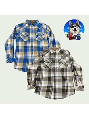 (Lot of 2) Legendary Whitetails Pearlsnap Flannel Shirt Plaid Blue Biege Men's M